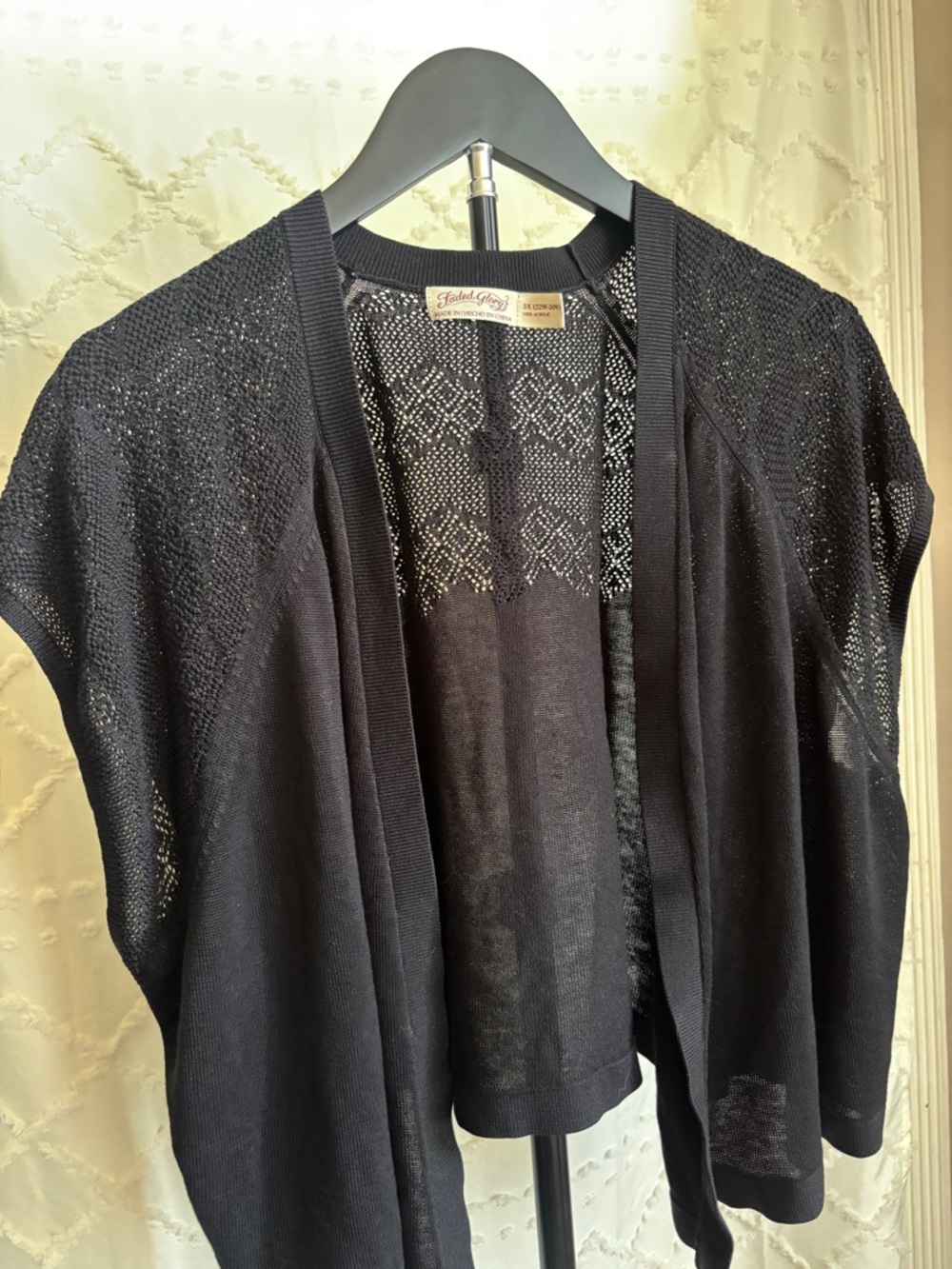 Y2K Plus Size Black Open Knit Cardigan 3X Lightweight Sheer Crochet Boho Layer - Picture 2 of 5